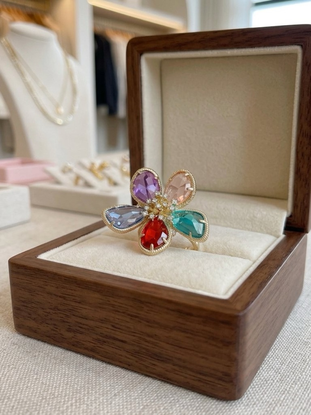 Kobal CZ Crystal Multi-ColorFlower Adjustable Ring-Gold Tone Statement Jewelry